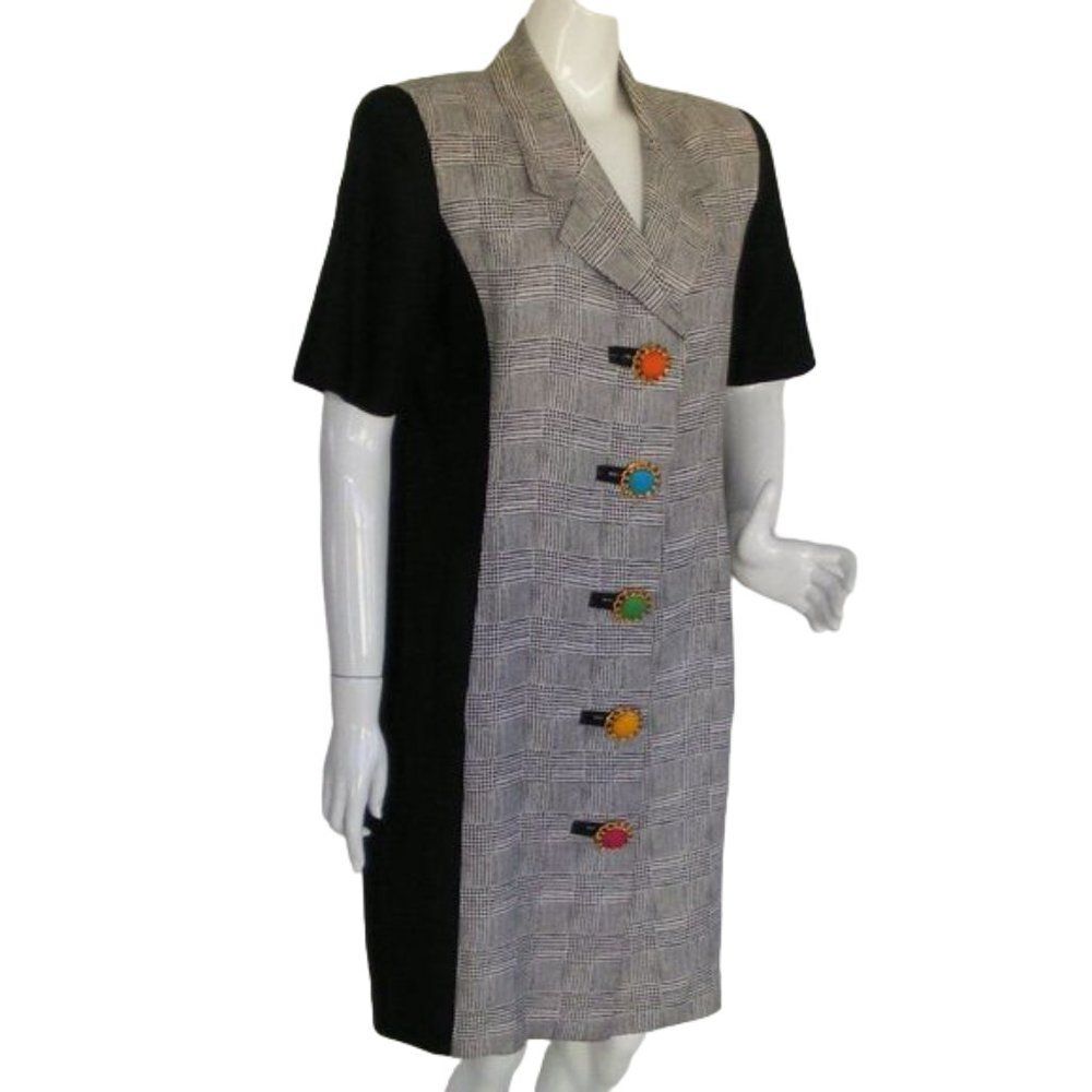 RICKIE FREEMAN/Teri Jon Dress, L, Houndstooth, Colorful Buttons,Black/Gray plaid - Picture 2 of 11